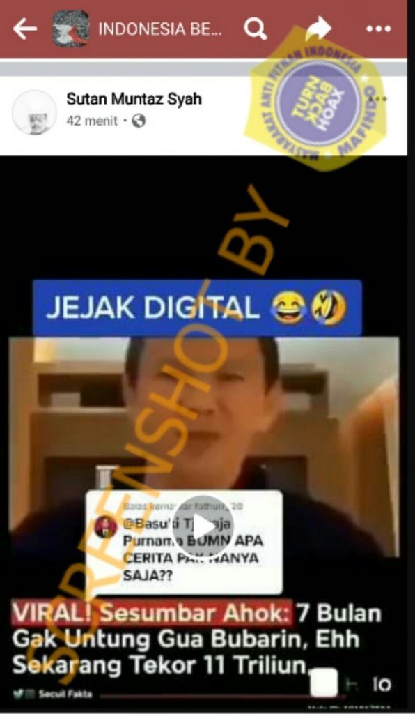 CEK FAKTA: Ahok Bubarkan Pertamina karena Tak Untung Selama 7 Bulan, Benarkah? (Turnbackhoax.id)