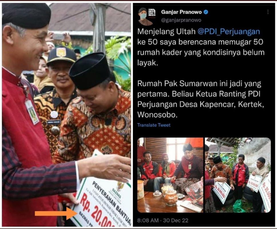 Postingan warganet membagikan postingan Gubernur Jawa Tengah Ganjar Pranowo saat memberikan bantuan dari Baznas untuk Renovasi Rumah Kader PDIP. (ist)