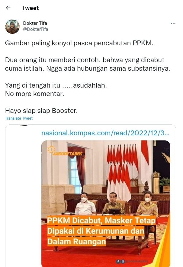 Tangkapan layar cuitan Dokter Tifa soal pencabutan PPKM oleh Jokowi (Twitter/DokterTifa)