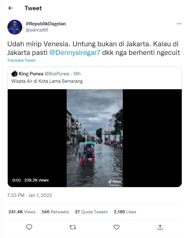 Tangkapan layar cuitan Cipta Panca soal banjir Semarang (Twitter/panca66)