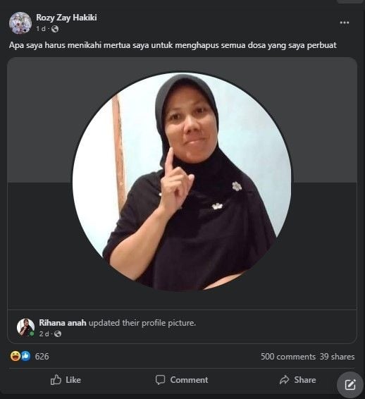 Rozy Zay Hakiki berniat menikahi mertuanya (Facebook)