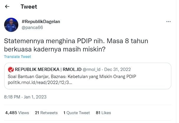 Tangkapan layar ccuitan politisi Demokrat soal klarifikasi dana Baznas (Twitter/panca66)