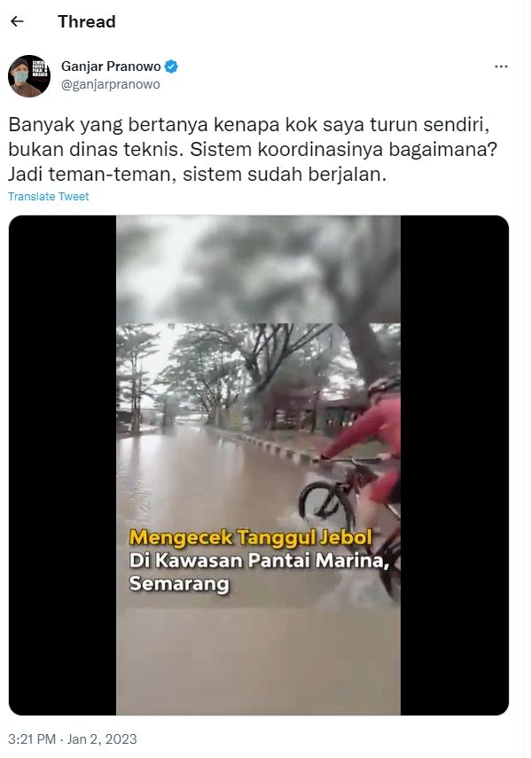 Tangkapan layar unggahan Ganjar Pranowo yang sedang blusukan (Twitter/ganjarpranowo)