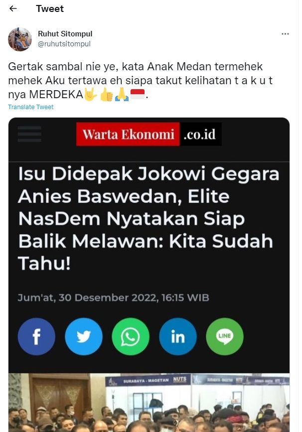 Tangkapan layar cuitan Ruhut Sitompul soal NasDem (Twitter/ruhutsitompul)