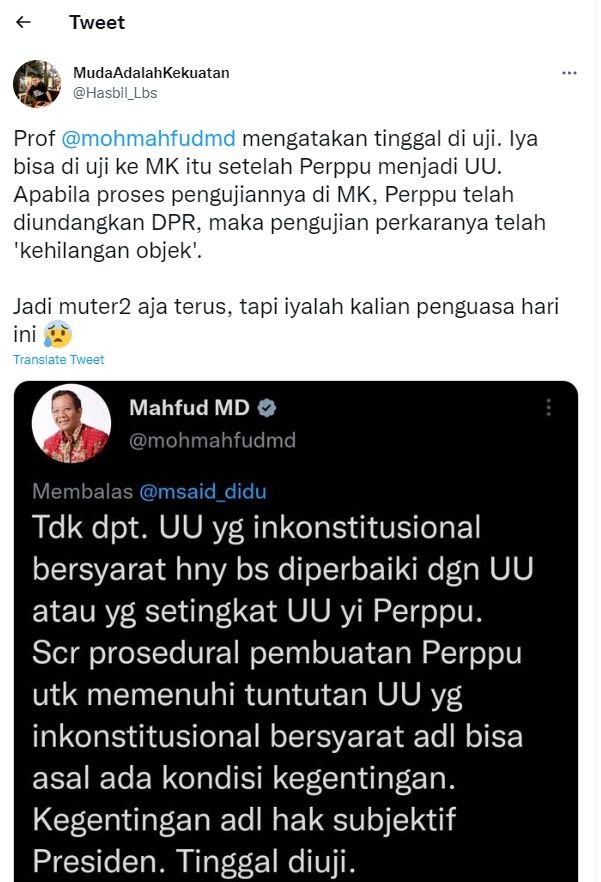 Cuitan elite Demokrat soal pernyataan Mahfud MD (Twitter/Hasbil_Lbs)