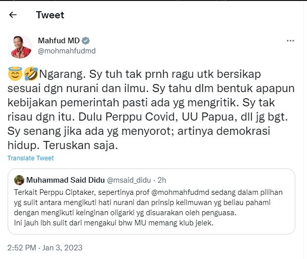 Tangkapan layar cuitan Mahfud MD (Twitter/mohmahfudmd)