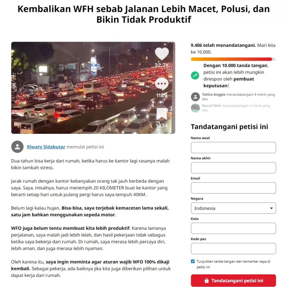 Petisi kembalikan WFH di Change.org. (Dok.Change.org)