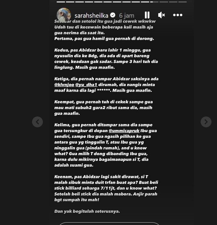 Sarah Sheilka membeberkan sikap buruk mantan suami, Tegar Septian. Sarah mengaku kerap menerima KDRT dari mantan penyayi cilik tersebut. [Instagram]