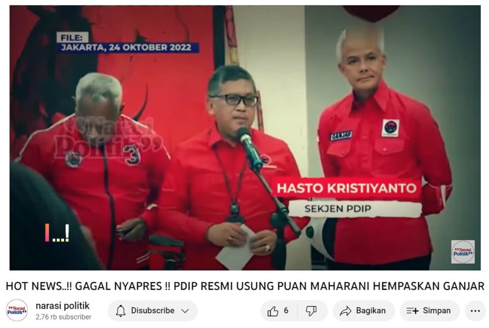 Tangkapan layar unggahan YouTube dengan klaim PDIP resmi usung Puan Maharani jadi capres 2024 (YouTube/narasi politik)