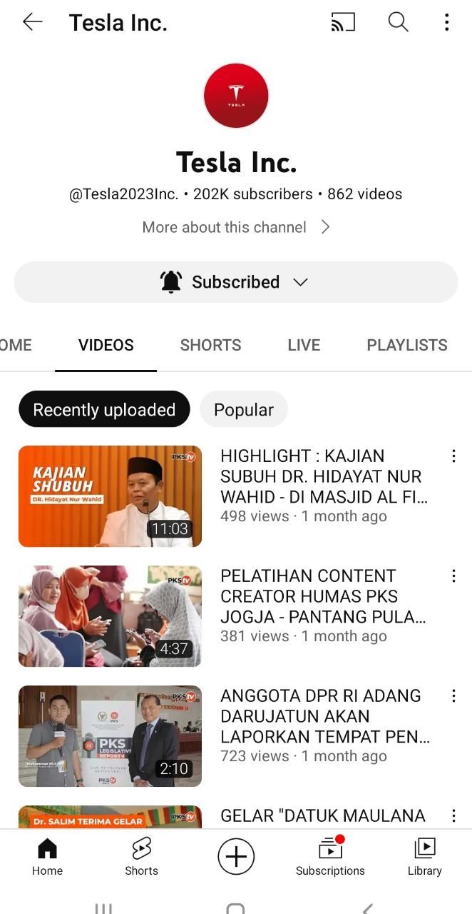 Akun YouTube PKS TV diduga dihack dan berubah nama menjadi Tesla Inc. (tangkap layar)