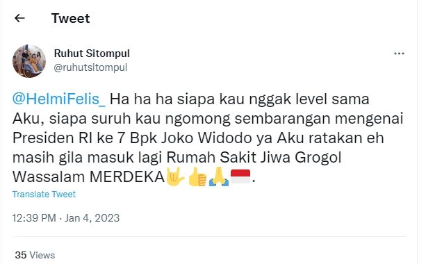 Tangkapan layar cuitan Ruhut Sitompul soal Helmi Felis (Twitter/ruhutsitompul)