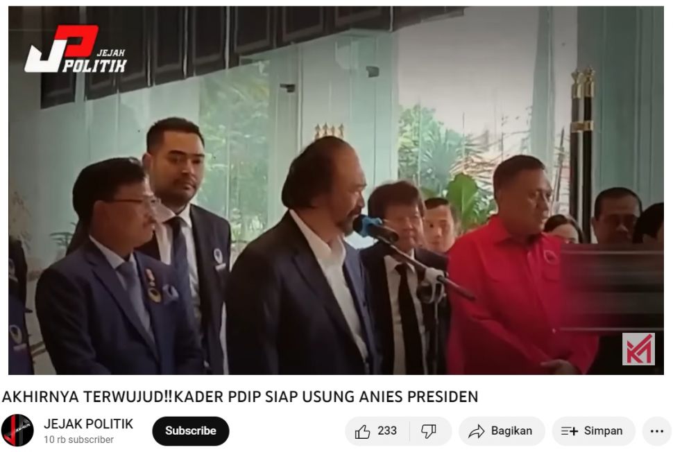 Tangakapan layar unggahan dengan klaim Anies dan Puan bakal maju dalam Pilpres 2024  (YouTube/JEJAK POLITIK)