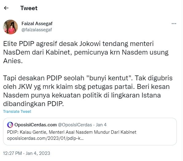 Tangakapan layar cuitan Faizal Assegaf soal reshuflle kabinet yang digembar-gemborkan elite PDIP (Twitter/faizalassegaf)