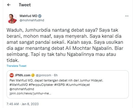 Tangkapan layar cuitan Mahfud MD soal Jumhur Hidayat (Twitter/mohmahfudmd)