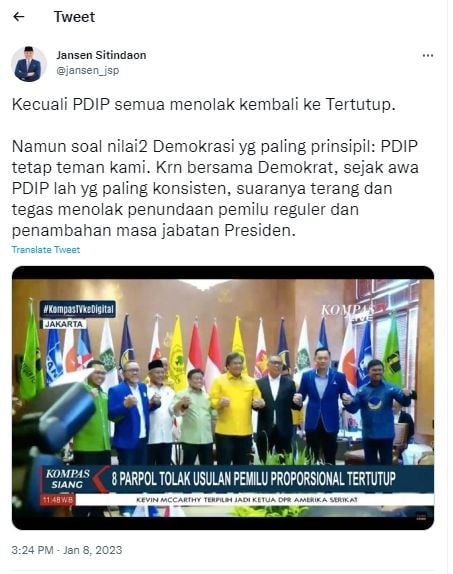 Tangkapan layar cuitan elite Demokrat soal PDIP (Twitter/jansen_jsp)