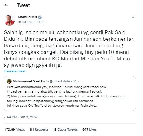 Tangkapan layar cuitan Mahfud DM kena semprot Said Didu (Twitter/mohmahfudmd)