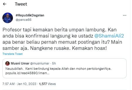 Tangkapan layar politisi Demokrat soal Musni Umar (Twitter/panca66)