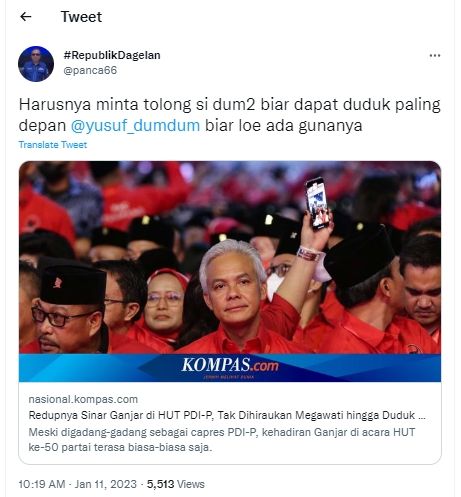 Tangkapan layar cuitan Panca soroti Ganjar di acara HUT ke-50 PDIP (Twitter/panca66)