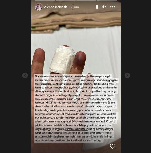 Glenn Alinskie membagi cerita jarinya terjepit garasi. [Instagram]