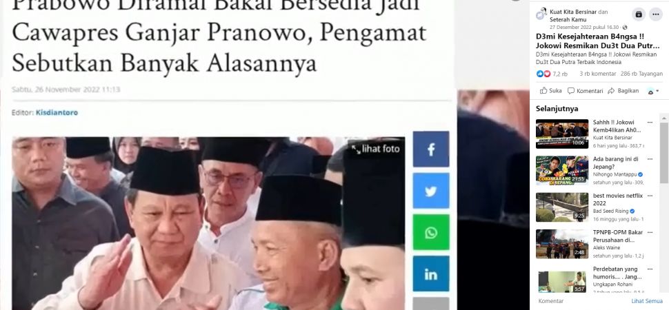 Tangkapan layar unggahan dengan klaim Jokowi resmi menunjuk Ganjar-Prabowo maju Pilpres 2024 (Facebook/Kuat Kita Bersinar)