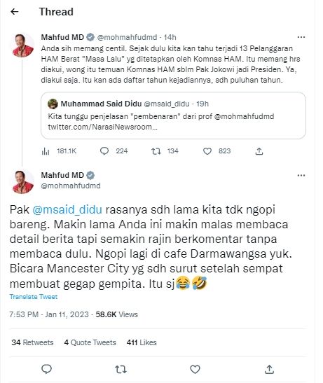 Tangkapan layar cuitan Mahfud MD balas sentilan Said Didu (Twitter/mohmahfudmd)