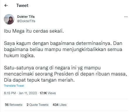 Tangkapan layar cuitan Dokter Tifa puji Megawati (Twitter/DokterTifa)