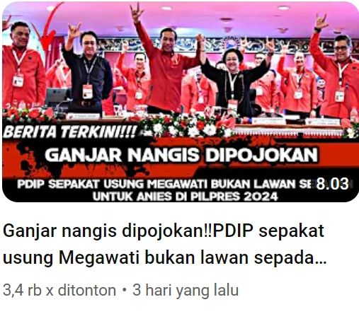 Tangkap layar unggahan dengan klaim PDIP sepakat usung Megawati untuk lawan Anies dalam Pilpres 2024 (YouTube/KABAR PENA)