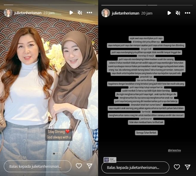 Ibunda Larissa Chou, Julie Tan marah putrinya dikatana selingkuh berkali-kali oleh Alvin Faiz. [Instagram]