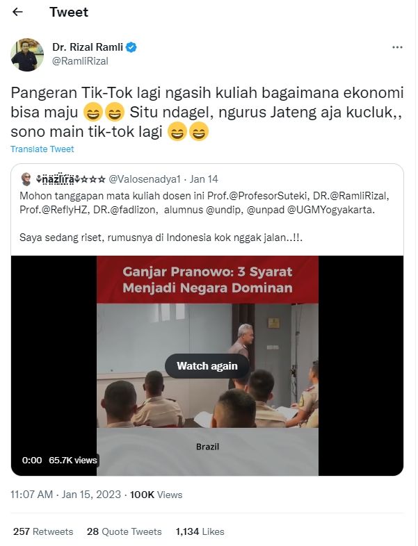 Tangkap layar cuitan Rizal Ramli soal Ganjar Pranowo (Twitter/RamliRizal)