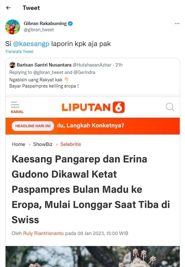 Tangkap layar cuitan Gibran minta warganet laporkan Kaesang ke KPK (Twitter/gibran_tweet)