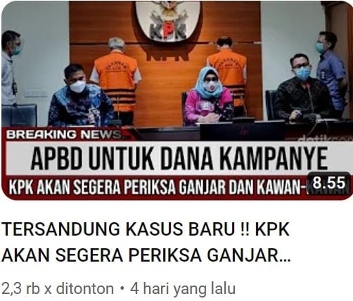 Tangkap layar unggahan dengan klaim Ganjar segera diperiksa KPK (YouTube/RADAR POLITIK)