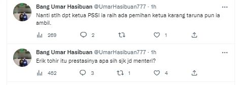 Tangkap layar cuitan Umar Hasibuan soal Erick Thohir (Twitter/ UmarHasibuan777)