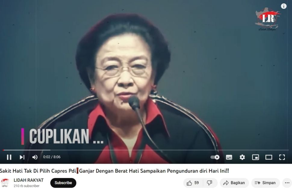 Tangkap layar unggahan dengna klaim Ganjar mundur dari PDI Perjuangan (YouTube/LIDAH RAKYAT)