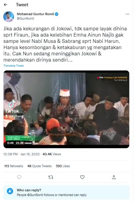 Tangkap layar cuitan Gun Romli soal Jokowi seperti Firaun (Twitter/GunRomli)