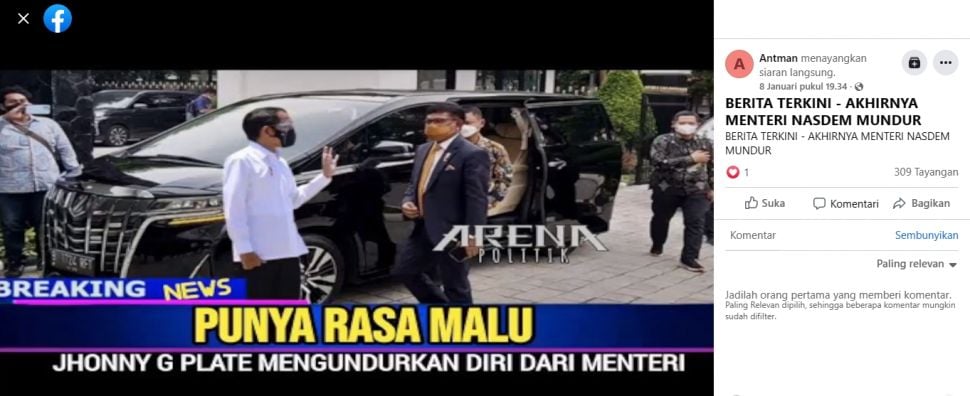 CEK FAKTA: Menteri NasDem Mundur, Johnny G Plate Mengundurkan Diri dari Menkominfo, Benarkah? (Facebook/Antman)