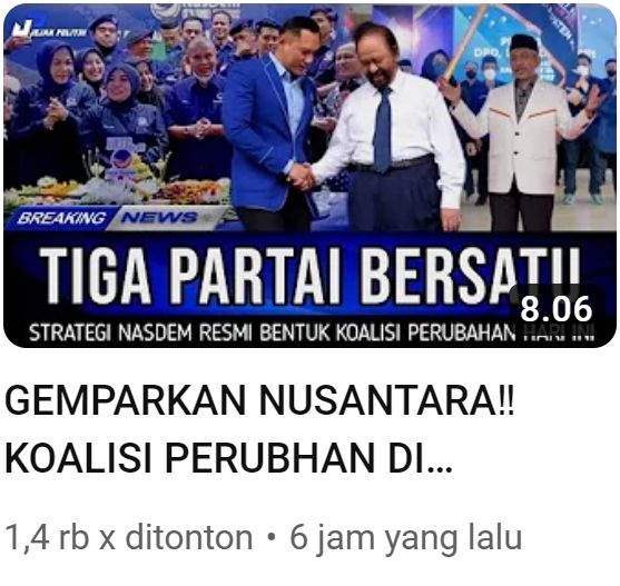 Tangkap layar unggahan dengan klaim Koalisi Perubahan resmi usung Anies dalam Pilpres 2024 (YouTube/ JEJAK POLITIK)