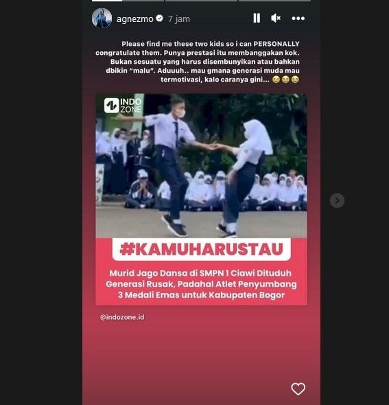 Agnez Mo mengaku ingin bertemu dan mengucapkan selamat kepada dua anak SMPN 1 Ciawi, Bogor. [Instagram]