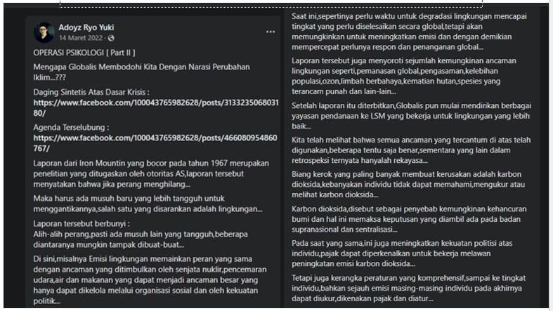 Contoh narasi bahwa perubahan iklim merupakan agenda setting kaum elite global. (Tangkapan layar/Nadia)