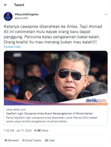 Tangkap layar cuitan kader Demokrat soal pernyataan elite NasDem (Twitter/panca66)