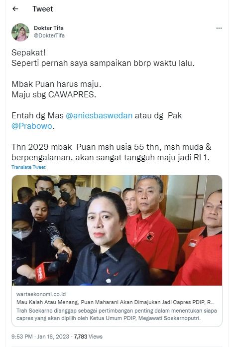 Tangkap layar cuitan Dokter Tifa soal Puan Maharani (Twitter/DokterTifa)