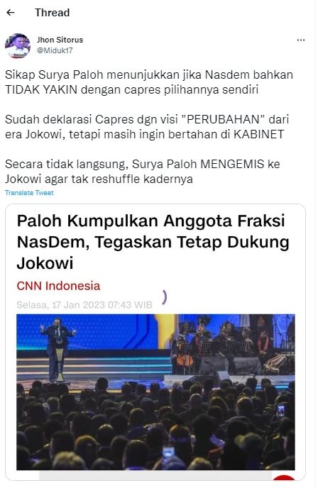 Tangkap layar cuitan Jhon Sitorus soal Surya Paloh (Twitter/Miduk17)