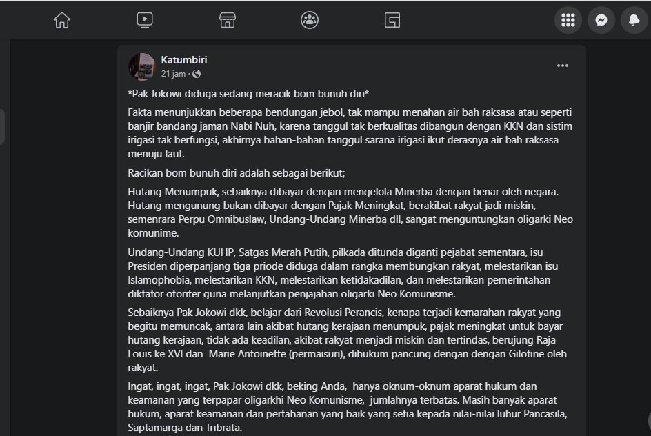 Hoaks yang menarasikan bencana alam di Indonesia adalah azab akibat kelalaian Presiden Joko Widodo. (Tangkapan layar/Nadia)