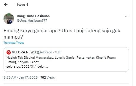 Tangkap layar cuitan kader PKB pertanyakan kinerja Ganjar (Twitter/UmarHasibuan777)