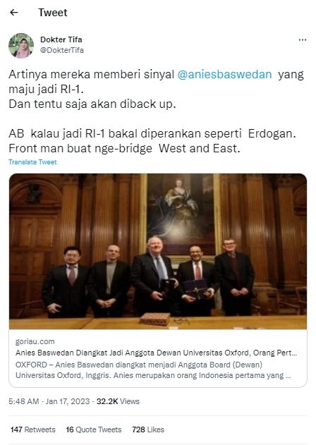 Tangkap layar cuitan Dokter Tifa soal pengangkatan Anies jadi Anggota Dewan di Oxford (Twitter/ DokterTifa)