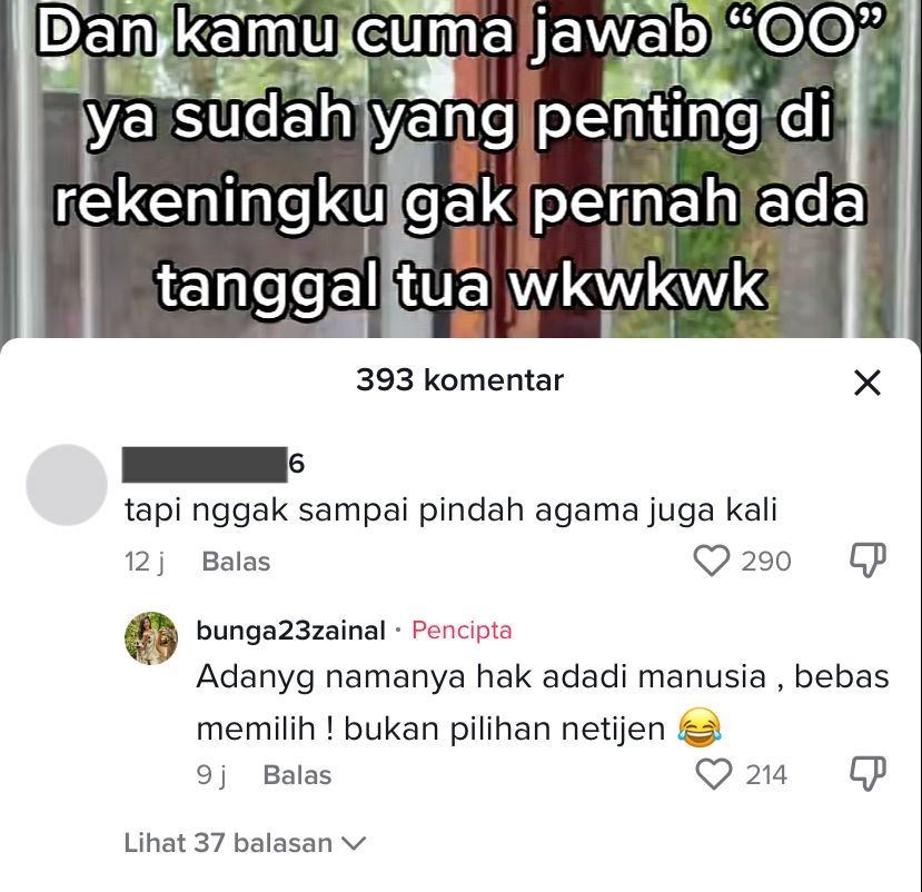 Jawaban Bunga Zainal soal pindah agama (Tangkapan Layar TikTok Bunga Zainal)