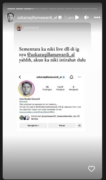 Unggahan soal Nikita Mirzani [Instagram/@azkaraqillamawardi_al]