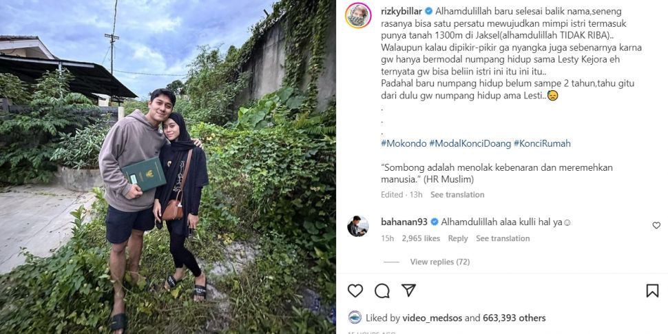 Rizky BIllar pamer baru belikan Lesti Kejora tanah. (Instagram/ @rizkybillar)