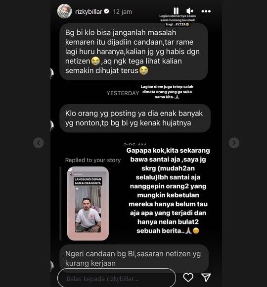 Rizky Billar menjawab komentar seorang warganet yang mengkritik suami Lesti Kejora itu karena bercanda soal KDRT. [Instagram]