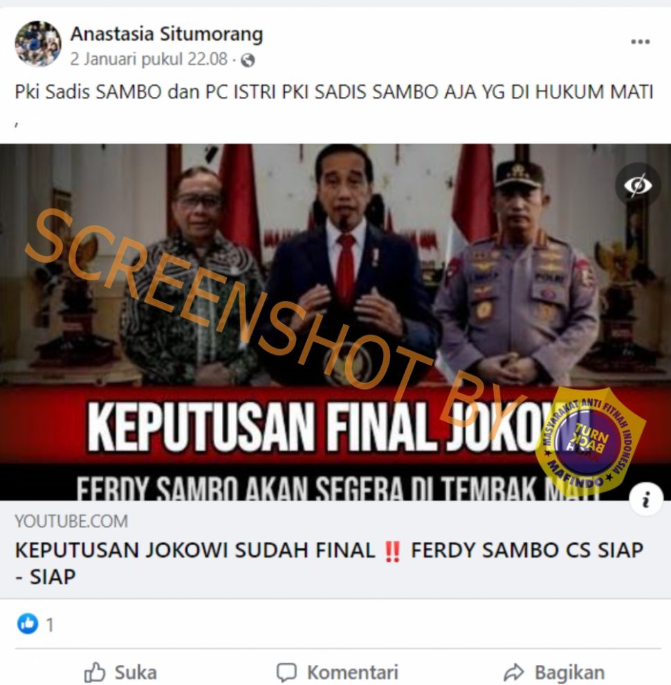 CEK FAKTA: Keputusan Jokowi Sudah Final, Ferdy Sambo Segera Ditembak Mati, Benarkah? (Turnbackhoax.id)