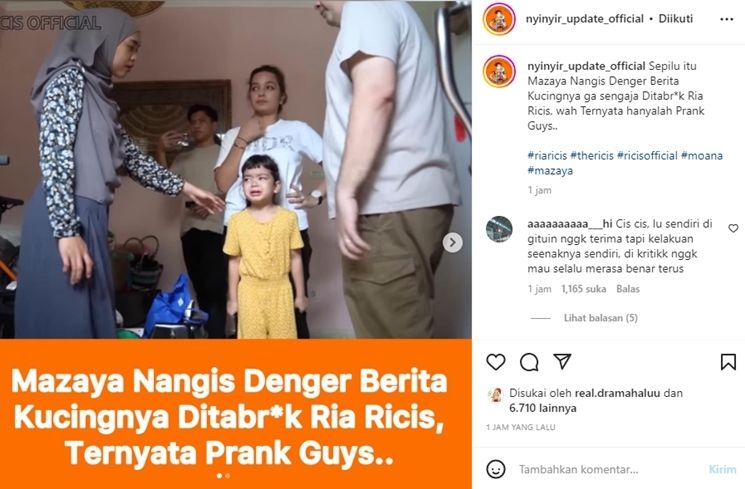 Ria Ricis bikin konten prank dengan selegbram cilik Mazaya Amania. Buntutnya, Ricis kembali kena hujat. [Instagram]